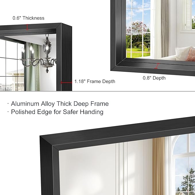 Black Bathroom Mirror, 36 x 30 Inch Brushed Black Rectangle Mirrors - Image 6