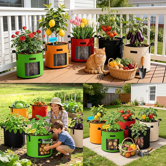 10 Gallon Potato Grow Bags: Set of 5 Colorful Gardening Supplies Fabric Pots with Harvest Window Reinforced Handles - Planting Container for Vegetable Tomatoes Carrot Flowers Balcony Patio Use