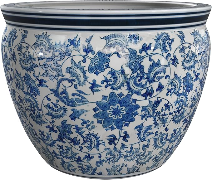 Red Lantern 14" Floral Blue & White Porcelain Fishbowl Planter or Cachepot for Indoor/Outdoor Use in Garden Entryway Living Room Boho Eclectic Modern Contemporary Classic Traditional Style Decor