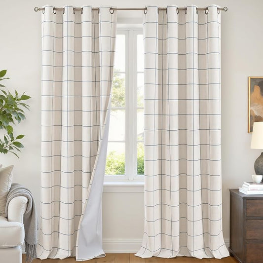 Lajode Navy Blue Plaid Linen Blackout Curtains by Lajode