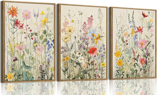 KISSFOX 3 Piece Watercolor Wildflower Botanical Framed Wall Art Colorful Floral by KISSFOX
