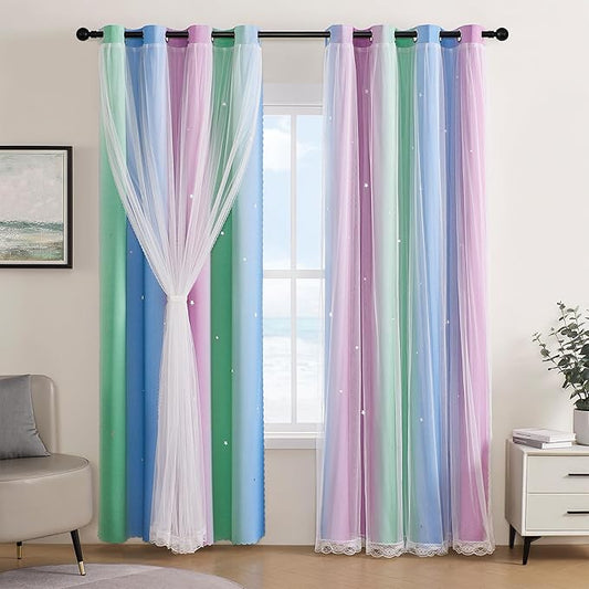 XiDi Curtains for Bedroom Decor, Rainbow Green PurpleBlue52/96/1 by Addsomecolortolife