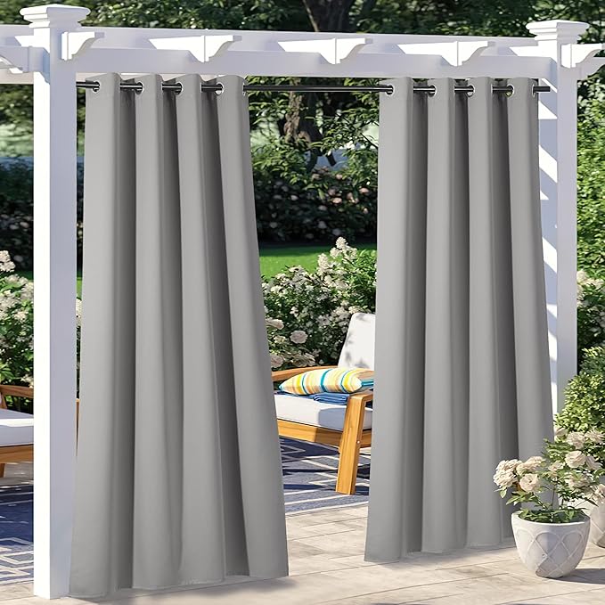 NICETOWN 2 Panels Outdoor Curtains for Patio Clearance W52 by L84 inch, Rustproof Grommet Blackout Waterproof Indoor Outdoor Drapes Thermal Insulated for Cabana, Silver Grey