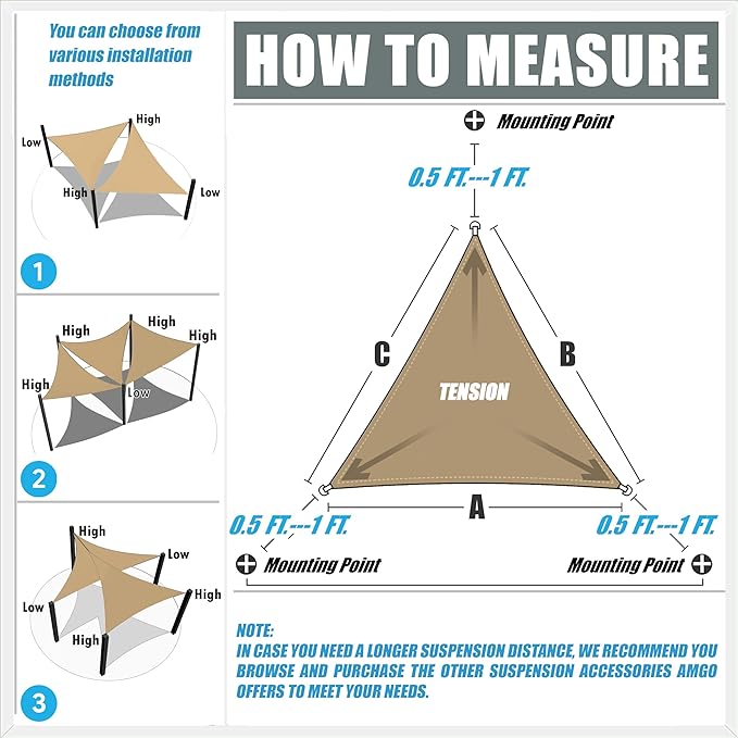 Amgo Custom Size 19' x 23' x 29.8' Gray Right Triangle Sun Shade Sail UPF50+ AGTAPRT12, Order to Make Canopy Awning, 95% UV Blockage, Water & Air Permeable, Commercial Standard (We Customize)