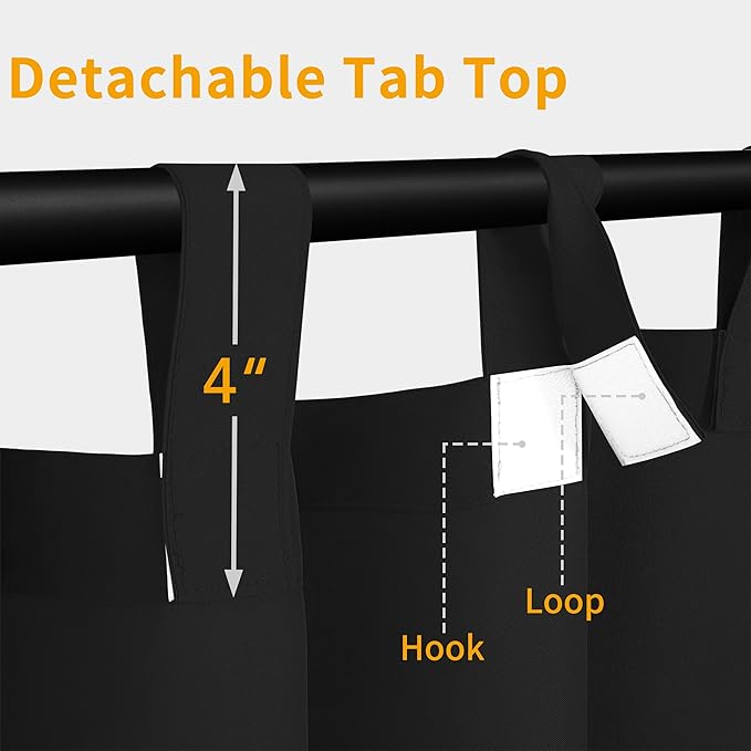Easy-Going Outdoor Patio Curtains Detachable Tab Top Windproof Weatherproof Curtain for Cabana, Porch, Pergola and Gazebo, Tab Bottom Drape, 2 Panels, 54W x 120L inch, Black