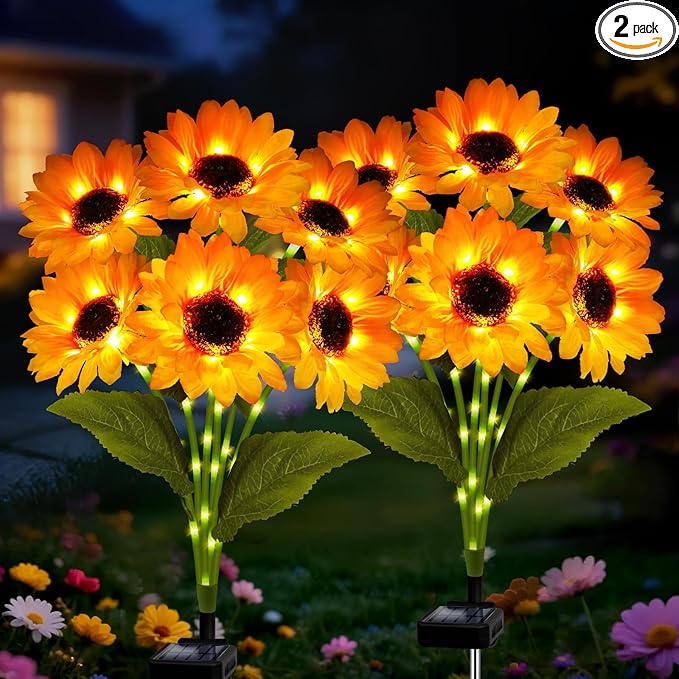 Solar Sunflower Lights 2 Pack with 12 Outdoor Decorative Lights, Birthday Gift for Mom and Friends, IP65 Waterproof Sunflower Garden Stake Lights for Yard Patio Lawn Pathway (Warm White)