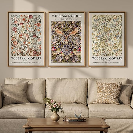 Large Framed William Morris Wall Art Set of 3, Vintage Strawberry Thief Canvas by Cuspin
