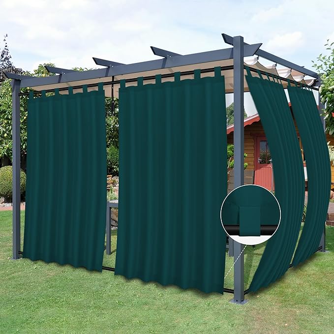 Easy-Going Outdoor Patio Curtains Detachable Tab Top Windproof Weatherproof Curtain for Cabana, Porch, Pergola and Gazebo, Tab Bottom Drape, 2 Panels, 54W x 108L inch, Teal