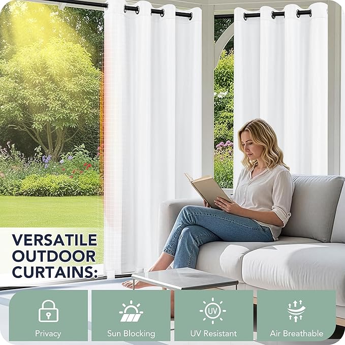 Outdoor Curtains for Patio Waterproof 6 Panels - Windproof, Privacy, Weatherproof Outside Drapes for Gazebo Pergola Porch, Grommet Top and Tab Bottom, 54x120 Inch, White