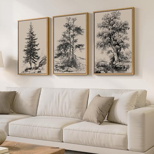 Large Framed Vintage Wall Art for Living Room, 3 Piece Tree Forest Artwork for by Cuspin