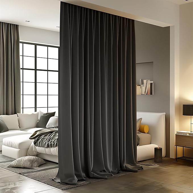 Room Divider Curtains for Ceiling Track Rod, 4.3 ft Wide x 10 ft Tall, Dark Grey by RoomDarkning