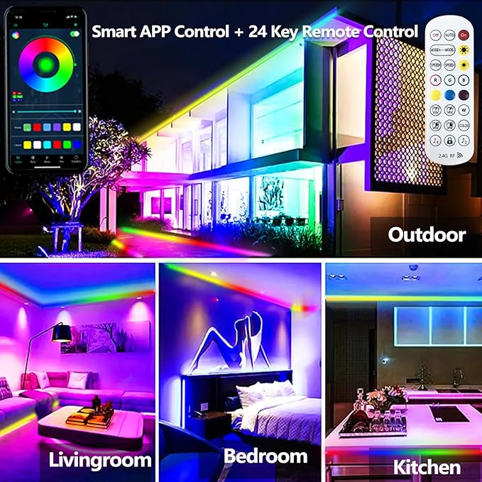 16.4FT Outdoor LED Strip Light Waterproof,IP68 Outside RGB+IC Light Strip with App/Remote Control,Chase Mode,Music Sync Light for Balcony,Deck,Rooftop,Garden,Pool