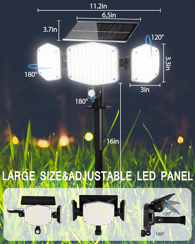 Solar Motion Lights Outdoor with Stake, 208 LED 270° Illumination Security Flood Lights for Yrad Garden Pathway, 3 Modes, IP65 Waterproof, In-Ground or Wall Mount