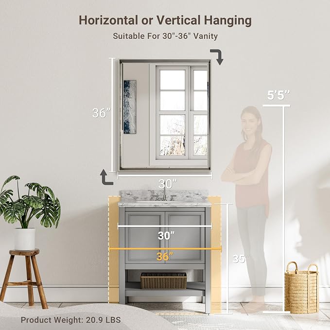 Brushed Nickel Bathroom Mirror, 30x36 Inch Beveled Framed Bathroom Mirror - Image 2