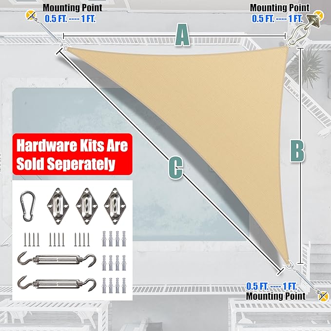 Amgo Custom Size 12' x 24' x 26.8' Beige Right Triangle Sun Shade Sail UPF50+ AGTAPRT12, Order to Make Canopy Awning, 95% UV Blockage, Water & Air Permeable, Commercial Standard (We Customize)