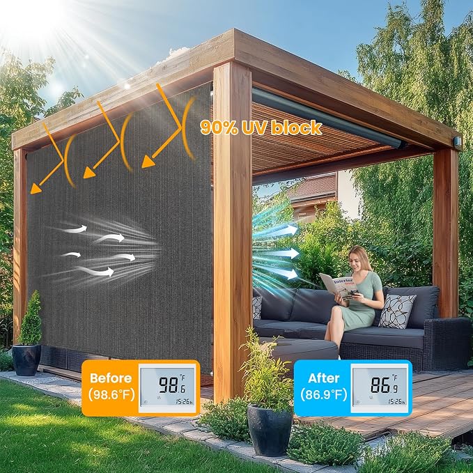 6'W x 8'H Gray Patio Shades Roll up Outdoor Roller Shade Crank Wand Blind - Image 2