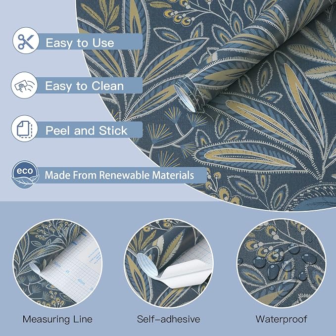 Safiyya Blue Vintage Floral Wallpaper Peel and Stick Contact Paper 17.3" x 197" - Image 6