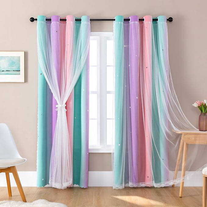 XiDi Curtains for Bedroom Decor, Rainbow Pink Purple Green 34/79/1 by Addsomecolortolife