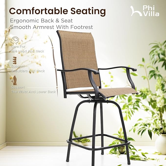 PHI VILLA Outdoor Swivel Patio Bar Set of 9, Patio Bar Table and Chairs Set with High Top Patio Chairs and Wood Like Bar Table, All-Weather Outdoor Bar Furniture Set for Garden, Brown