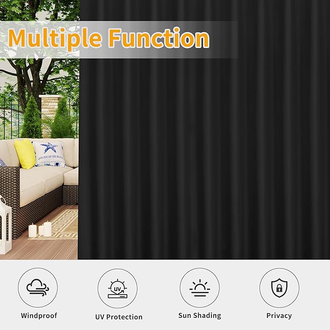 Easy-Going Outdoor Patio Curtains Detachable Tab Top Windproof Weatherproof Curtain for Cabana, Porch, Pergola and Gazebo, Tab Bottom Drape, 2 Panels, 110W x 108L inch, Black