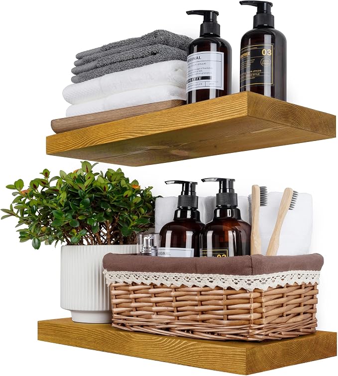 BGMG Wood Floating Shelves for Wall 16 inch Set of 2, Rustic Wooden Wall Mount by BGMG