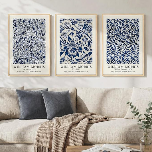Framed Large William Morris Wall Art Set of 3, Vintage Blue Botanical Floral by Cuspin