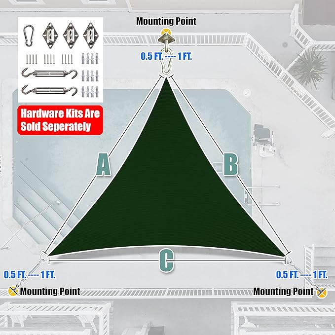 Amgo Custom Size 26' x 26' x 26' Green Triangle Sun Shade Sail UPF50+ AGTAPRT12, Order to Make Canopy Awning, 95% UV Blockage, Water & Air Permeable, Commercial Standard (We Customize)