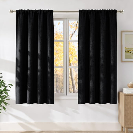 NICETOWN Black Faux Linen Room Darkening Rod Pocket Curtains 63 inch Length by NICETOWN