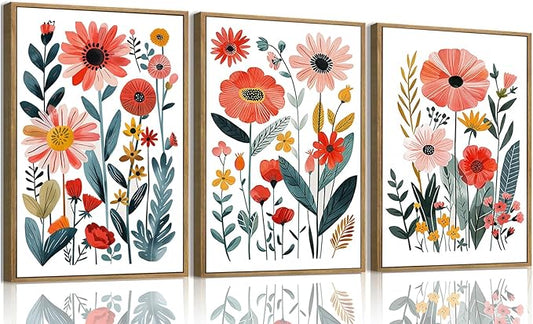 KISSFOX Colorful Wildflower Canvas Wall Art Set Of 3 Flowers Pictures Prints by KISSFOX