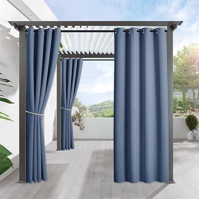 RYB HOME Outdoor Curtains for Patio Waterproof Block Sunlight Thermal Insulated Privacy Assured Thick Outside Curtains for Pergola, Deck, Gazebo, W52 x L90, Stone Blue, 1 Panel