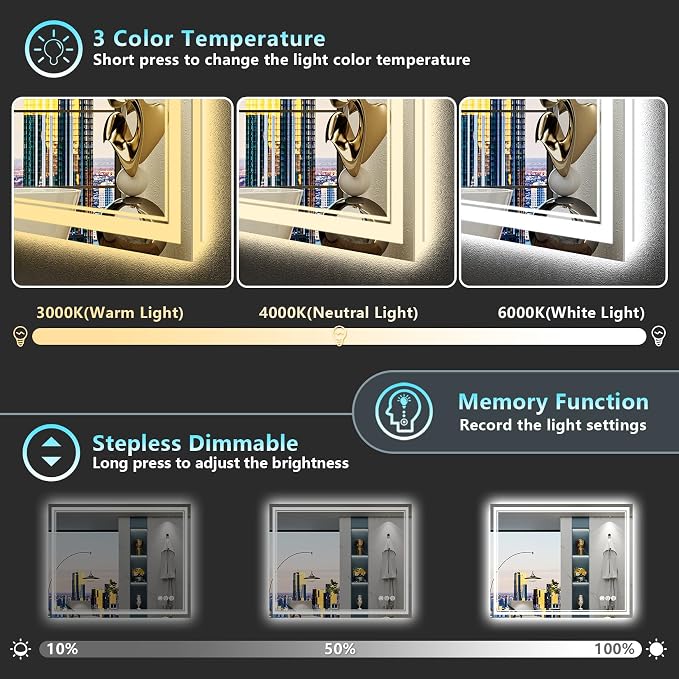 38x38 LED Bathroom Mirror with Lights, Backlit and Front Lit Anti-Fog Lighted - Image 4