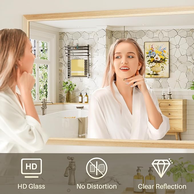 40x38 Inch Bathroom Mirror for Wall, Anti-Rust Oak Wood Grain Metal Framed - Image 6