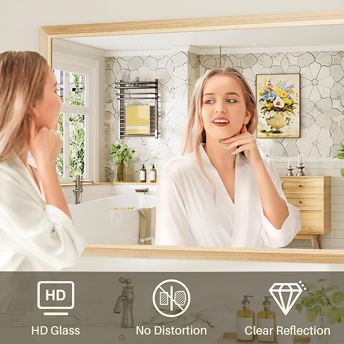 60x36 Inch Bathroom Mirror for Wall, Anti-Rust Oak Wood Grain Metal Framed - Image 6
