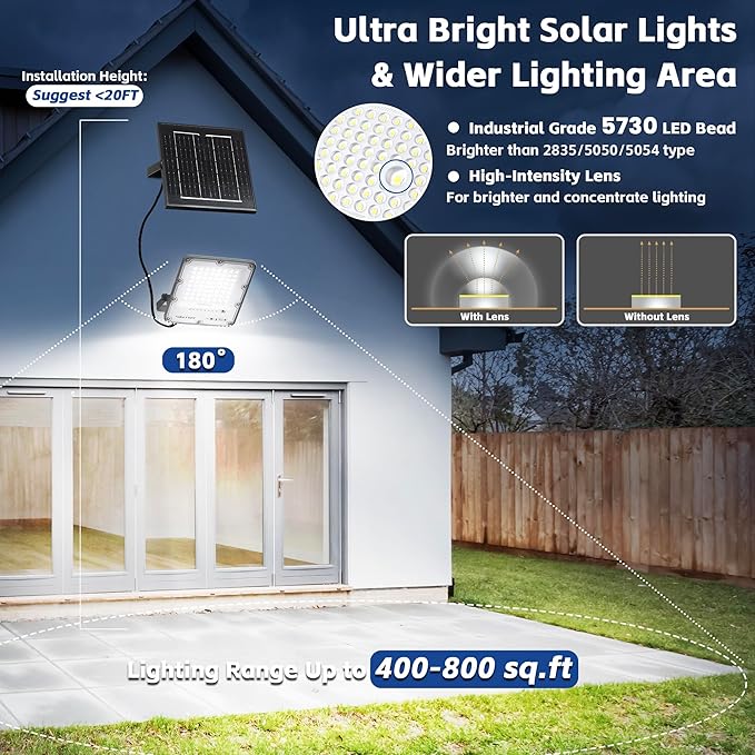 100W Solar Flood Light Outdoor Waterproof, 24000LM 6500K LED Solar Street Light with Remote, Dusk to Dawn Solar-Powered Lamp, Split Type Security Lighting with 13FT Cable for Parking Lot Yard Garage