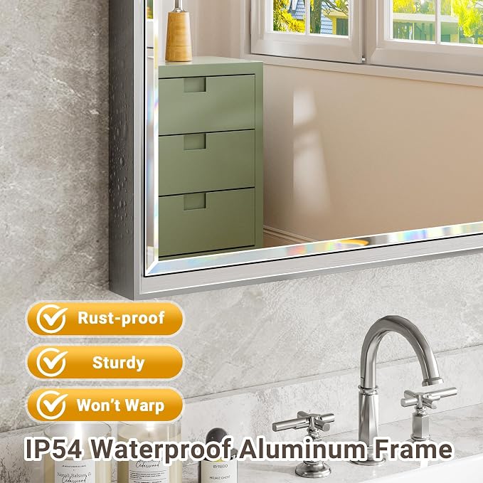 48x24 Beveled Silver Bathroom Vanity Mirror, Shatterproof Large Rectangle Metal - Image 4