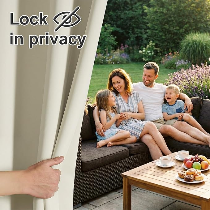 RYB HOME Outdoor Curtains for Patio Waterproof Block Sunlight Thermal Insulated Privacy Assured Thick Outside Curtains for Pergola, Cabana, Gazebo, W52 x L72, Beige, 1 Panel