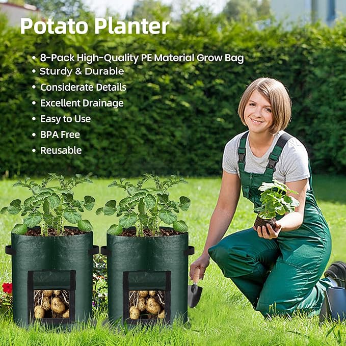 10 Gallon 8-Pack Grow Bags, Durable PE Fabric Pots with Flap and Handles, Green Planter Bags for Potato Vegetables Flowers Herbs Garden Outdoor, 17.7''x13.8'' Large for All Plants Growing