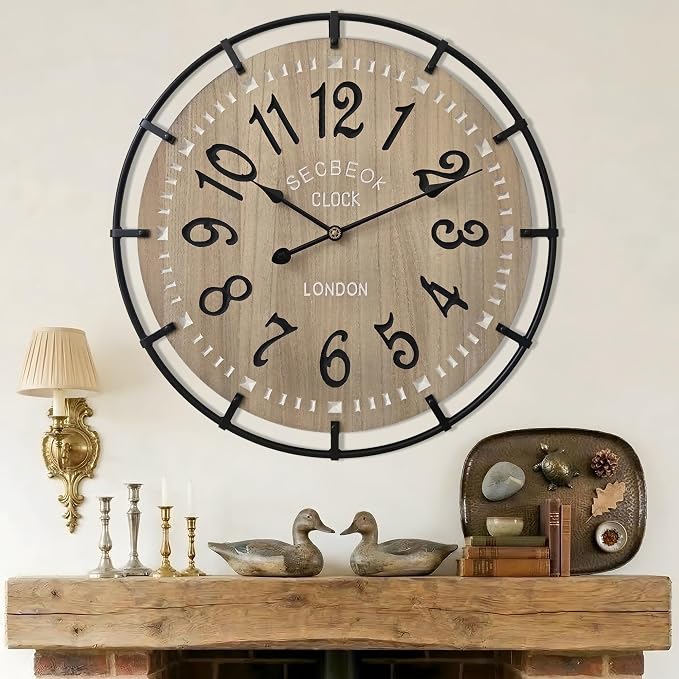 24 Inch Large Farmhouse Wall Clock, Metal Rustic Wood by Unknown