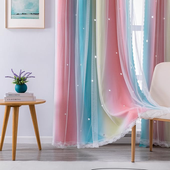 XiDi Curtains for Bedroom Decor, Rainbow Pink-Blue-52-54 - Image 3