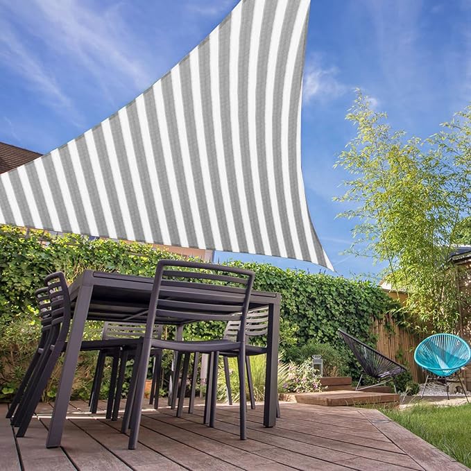 E&K Sunrise 15' x 15' x 15' Sun Shade Sail Triangle Canopy Shade Cover UV Block for Patio Backyard Garden Outdoor (Gray White Strip)