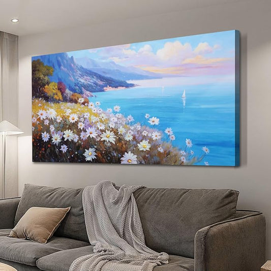 Anolyfi Coastal Landscape Wall Art Nature Flower Mountain Canvas Painting Blue by Anolyfi