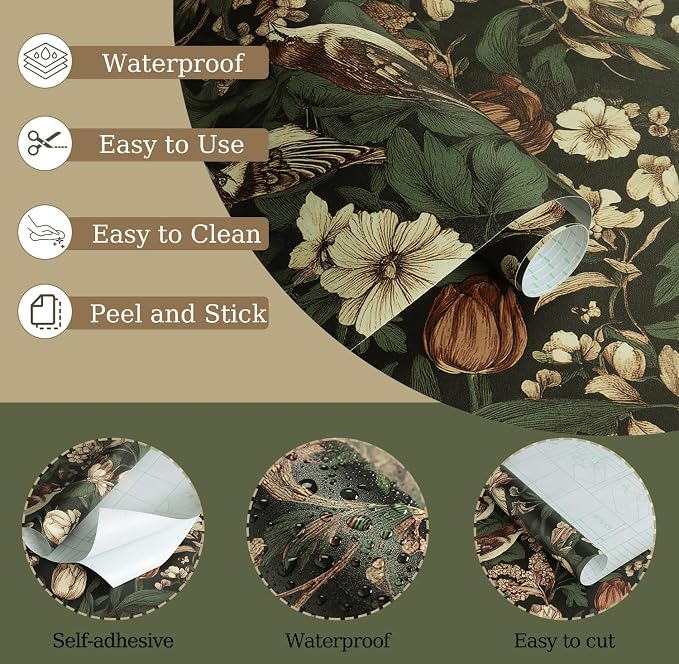 Erfoni 17.3" x118" Vintage Floral Peel and Stick Wallpaper Dark Floral and Bird - Image 4
