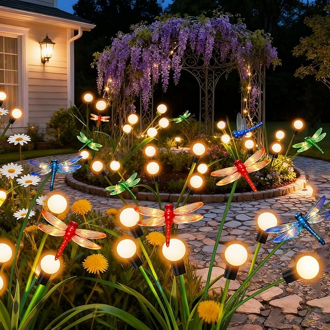 Solar Garden Lights Outdoor - 8 Pack Dragonfly Solar Swaying Light, Sway by Wind, Firefly Lights Outdoor Yard Patio Pathway Decoration, Big Bulb, High Flexibility Iron Wire & Realistic Dragonflies