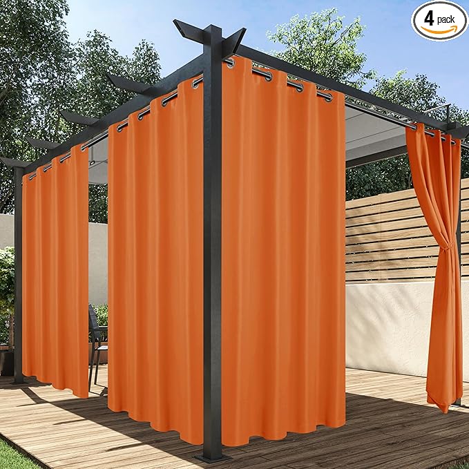 HolidayIdeas Outdoor Curtains for Patio Waterproof, 4 Panels - 54 x 84 Inch - Privacy Protection & Light Filtering Curtains Grommet Outside Curtains for Porch, Gazebo, Pergola (Mecca Orange)