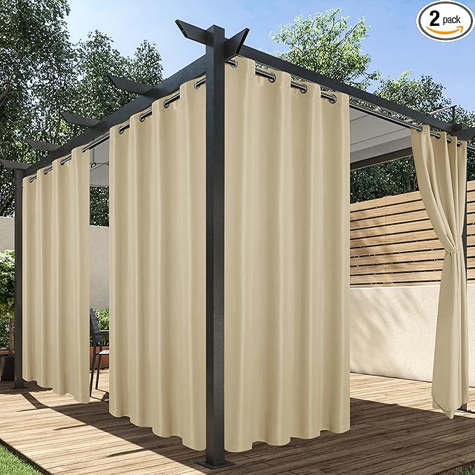 HolidayIdeas Outdoor Curtains for Patio Waterproof, 2 Panels - 84 x 95 Inch - Privacy Protection & Light Filtering Curtains Grommet Outside Curtains for Porch, Gazebo, Pergola, Backyard (Cream)