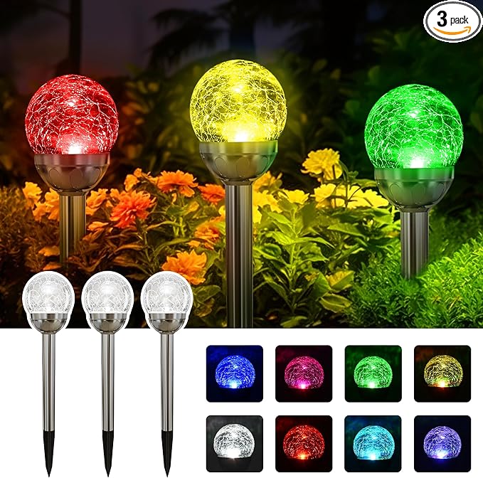 SOLPEX Solar Garden Lights Outdoor, 3 Pack Multi-Color Changing&White 2 Modes Solar Powered Glass Ball Garden Lights Waterproof for Patio Decoration