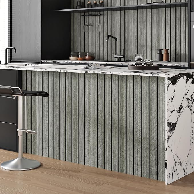 Grey Wood Grain Slat Panels for Interior Wall Decor 197"x23.6" Peel and Stick - Image 4