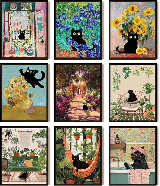 SEHSUVC Funny Black Cat Canvas Wall Art Set of 9, Vintage Van Gogh Black Cat by Unknown
