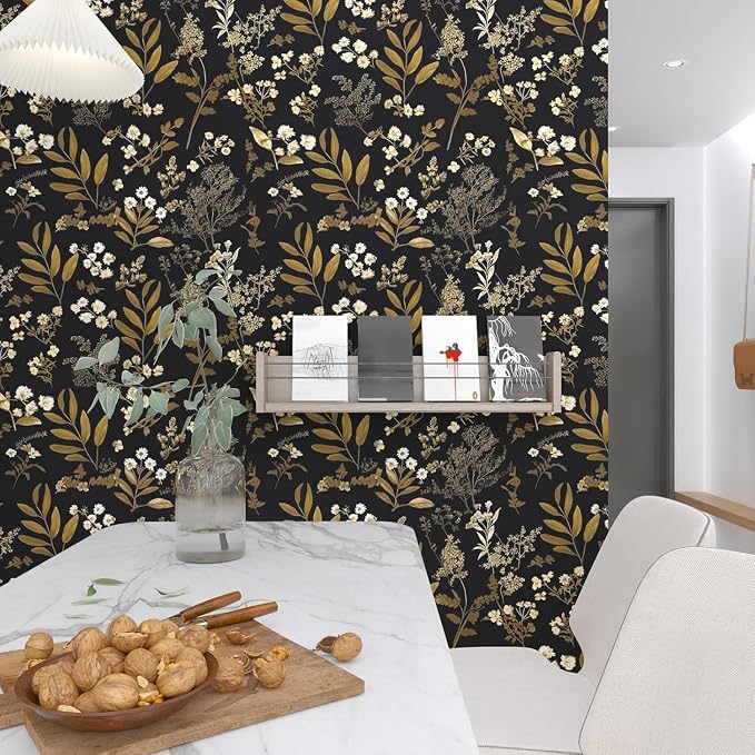 Laatse Black Gold Wallpaper Peel and Stick Dark Floral Wallpaper 17.5in x 118in - Image 7