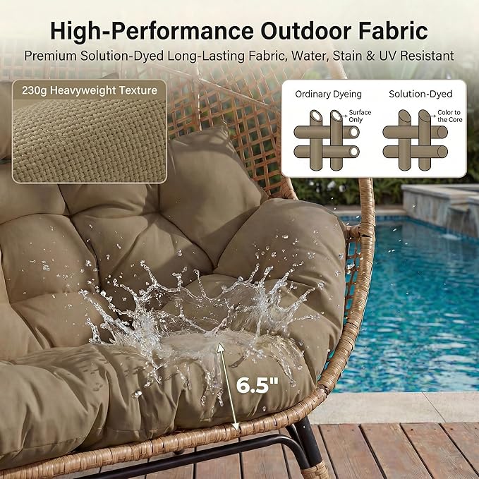 NICESOUL® Double Egg Chair Indoor Outdoor Stationary Oversized 6.5" Thick Padded Cushions,2 Person Wicker Egg Loveseat Chair,680 lbs Extra Wide Lounge Chair for Patio Balcony Porch Brown with Cover